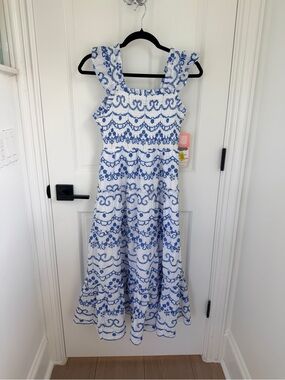 Brand new Girls White Dress with Blue Embroidery - Smocked Bodice